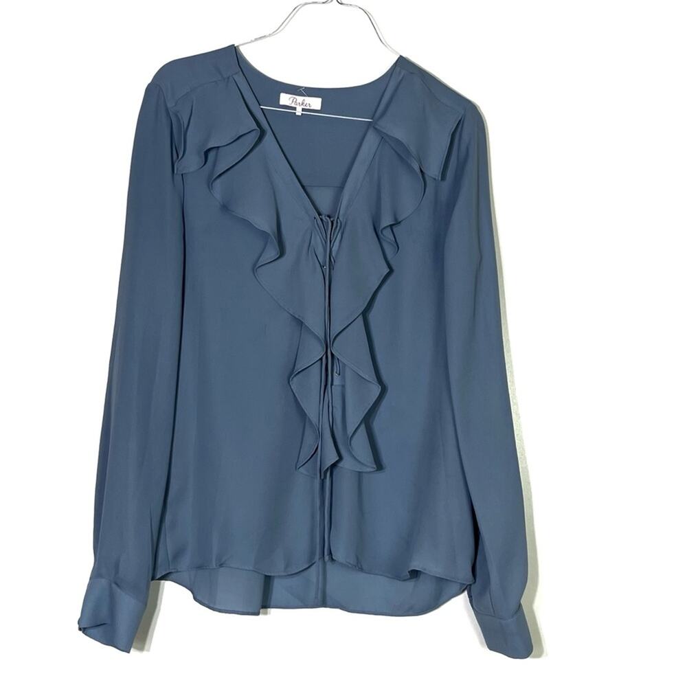 Parker Dusty Blue Lace Up Ruffle Blouse Size Small EUC